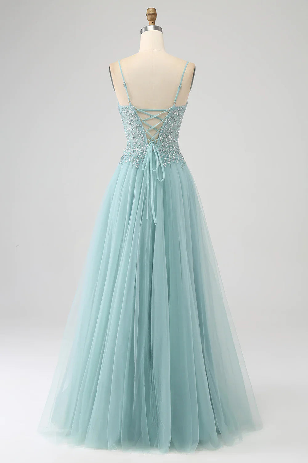 DingJiDress Sparkly Light Green A-Line Sequin Applique Corset Prom Dress With Slit