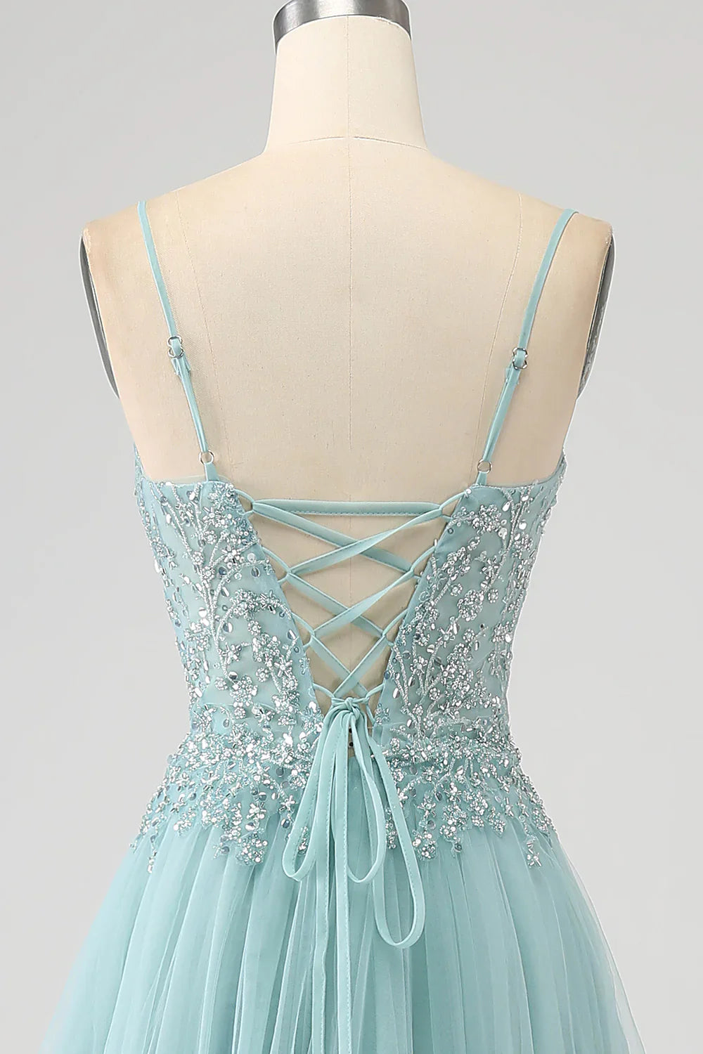 DingJiDress Sparkly Light Green A-Line Sequin Applique Corset Prom Dress With Slit