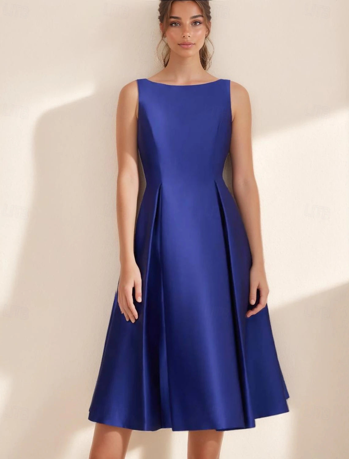 A-Line Cocktail Dresses Elegant Dress Formal Evening Party Tea Length Sleeveless Boat Neck Pocket Satin with Pleats Derby Dresses