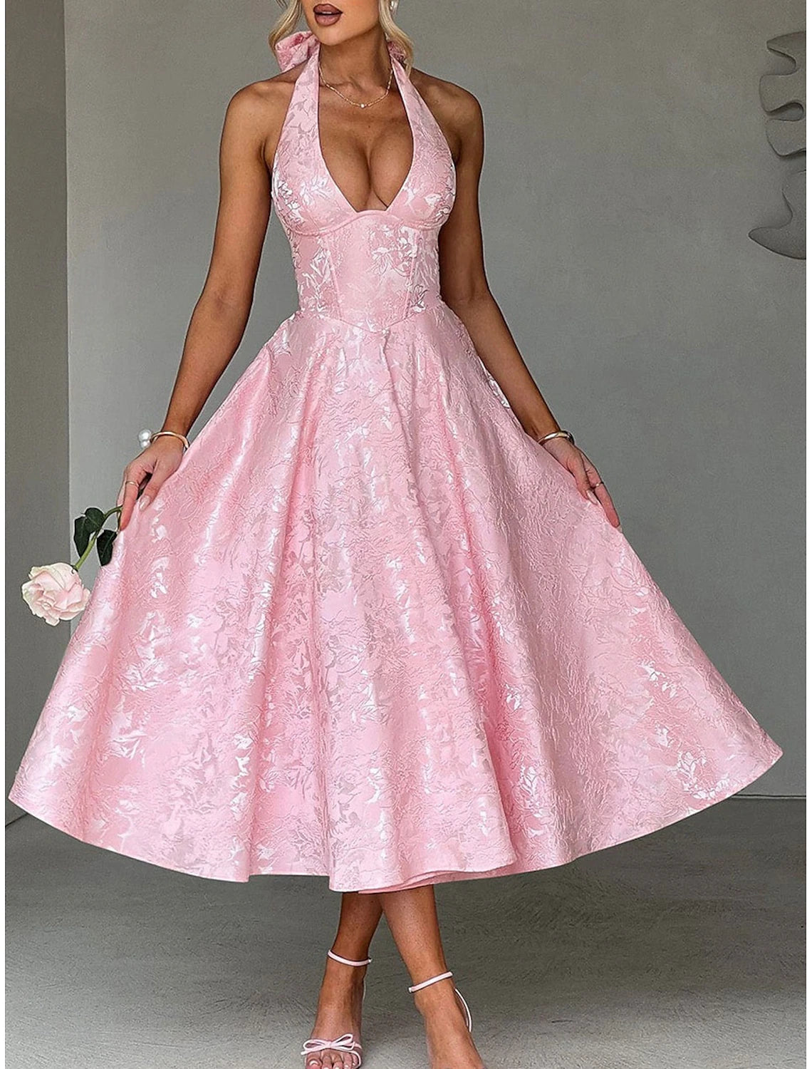 A-Line Pink Dress Jacquard Dress Semi Formal Cocktail Dress Wedding Midi Length Sleeveless Halter Neck Bow Backless with Lace Up Detail