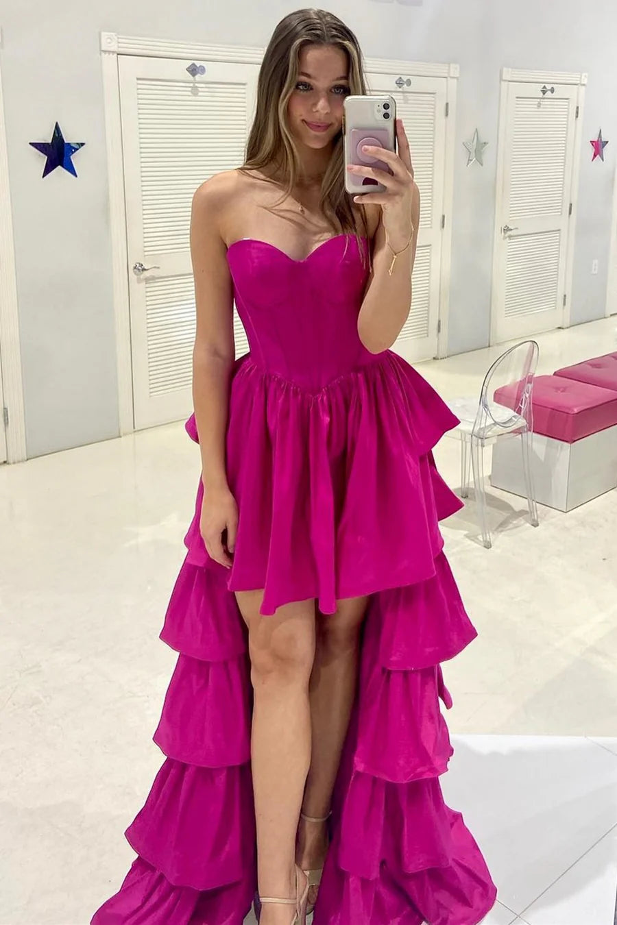 Magenta Sweetheart Ruffle Tiered High-Low Prom Dress ﻿