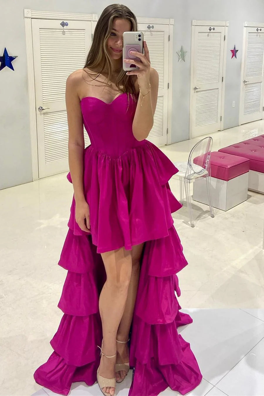 Magenta Sweetheart Ruffle Tiered High-Low Prom Dress ﻿