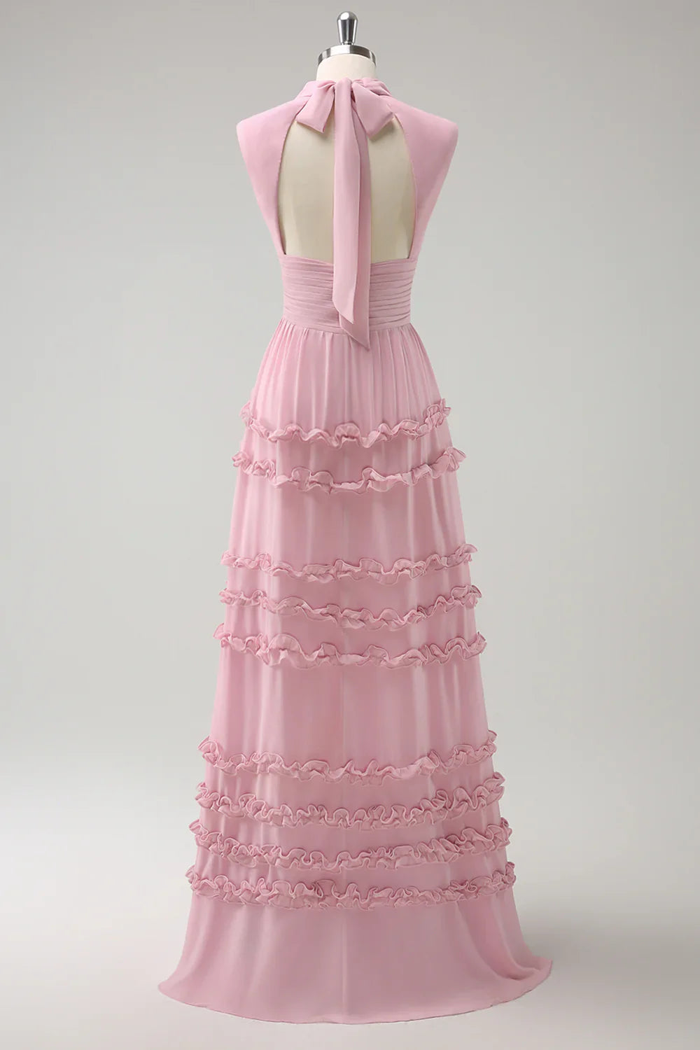 DingJiDress Blush Pink A Line High Neck Chiffon Ruffle Pleated Long Bridesmaid Dress with Lace Up Back