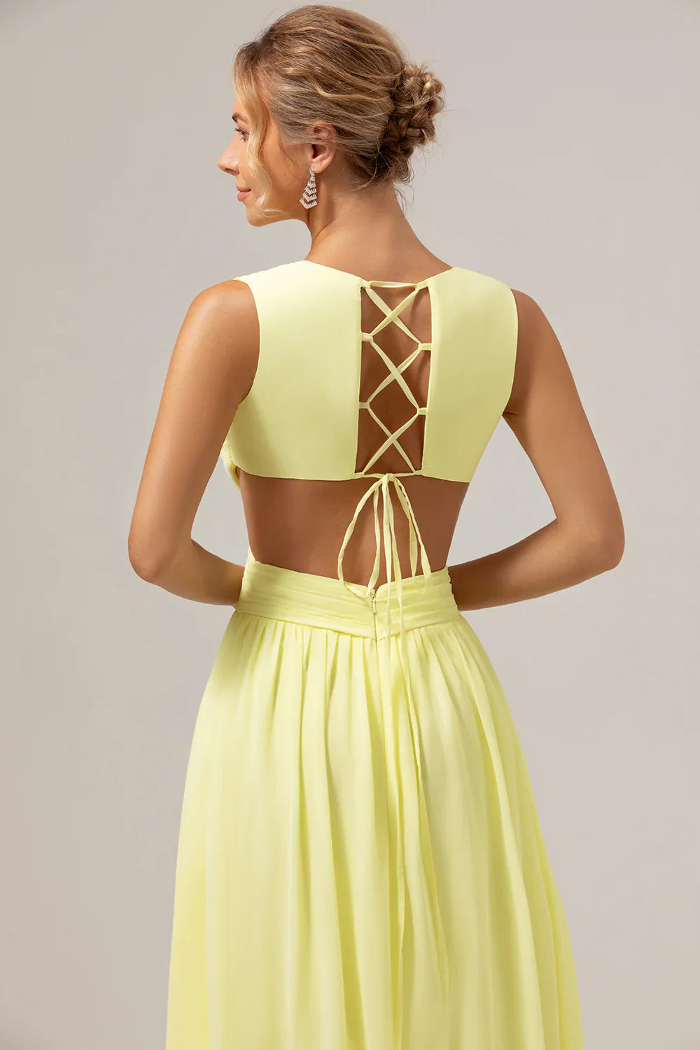 DingJiDress Lemon Yellow A Line Long Bridesmaid Dress V Neck Hollow Wedding Guest Dresses Out Ruffle Pleated with Slit