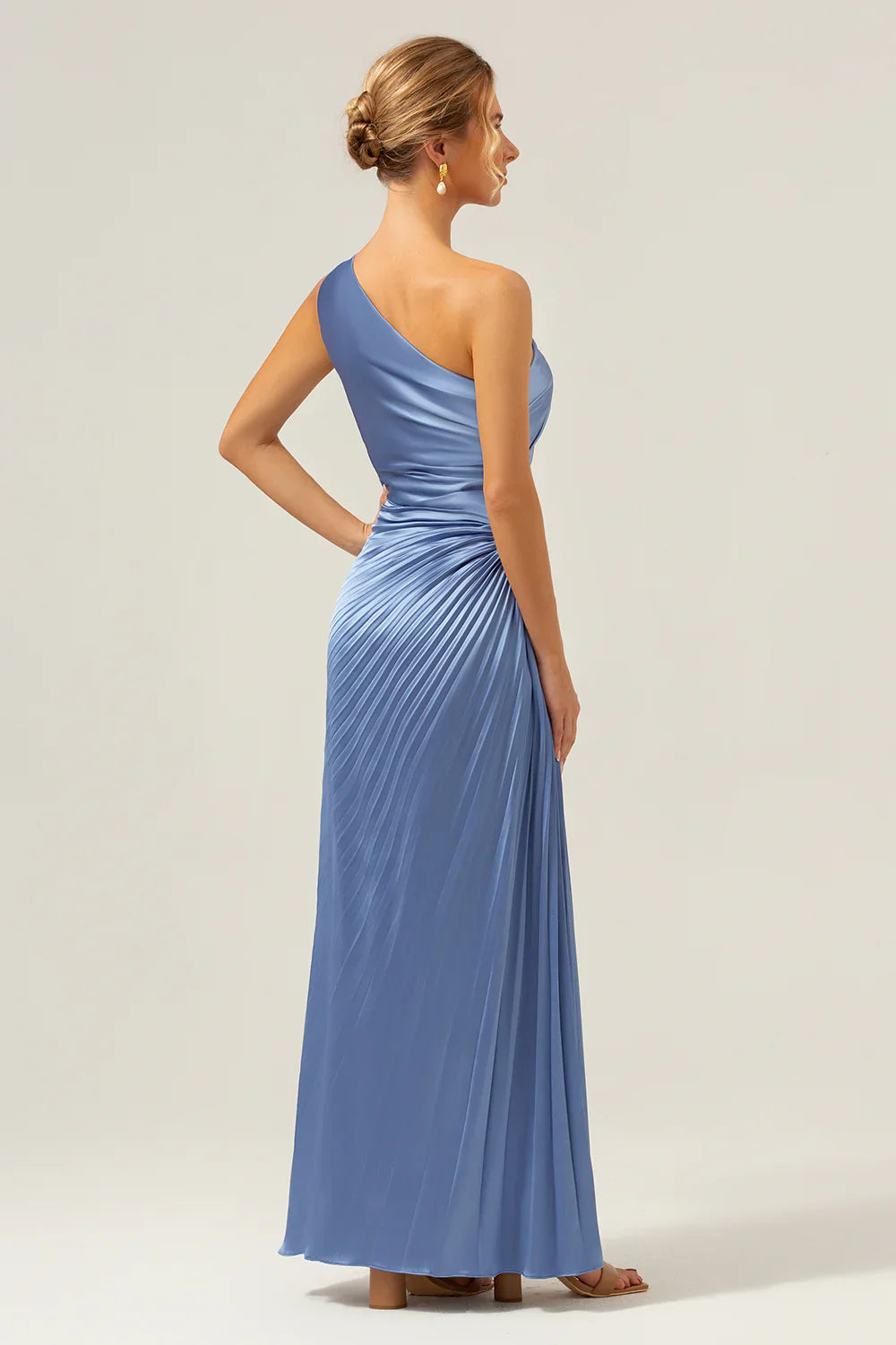 DingJiDress Sheath One Shoulder Long Blue Bridesmaid Dress Pleated Keyhole Satin  Wedding Guest Dresses