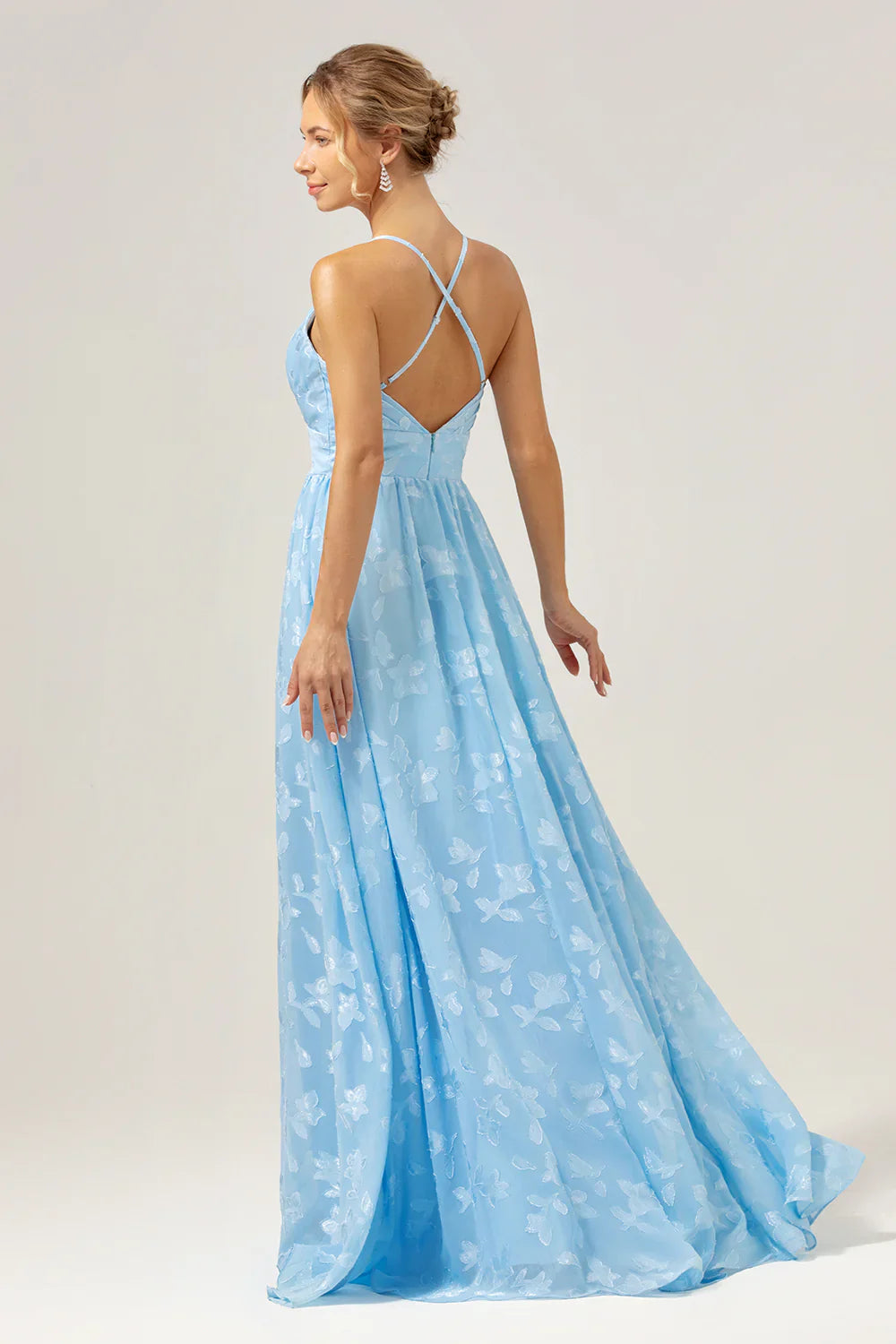 DingJiDress Light Blue Bridesmaid Dress A Line V-Neck Pleated Long Embroidered  Wedding Guest Dresses
