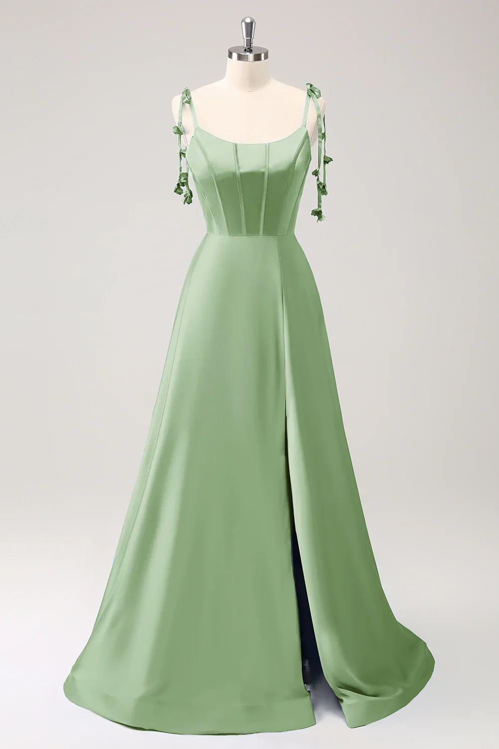 DingJiDress Dark Green A Line Evening Dress Spaghetti Straps Lace Up Back Long Prom Dress with Slit