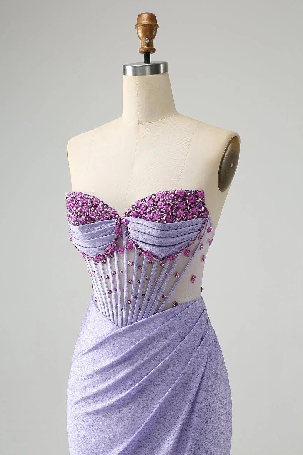 DingJiDress Light Purple Mermaid Evening Dress Strapless Ruched Beaded Corset Prom Dress with Slit