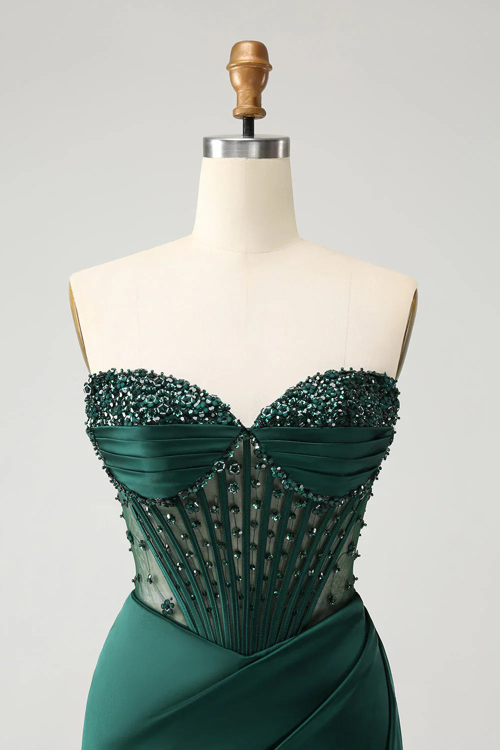 DingJiDress Sparkly Dark Green Mermaid Strapless Beaded Corset Long Prom Dress with Slit