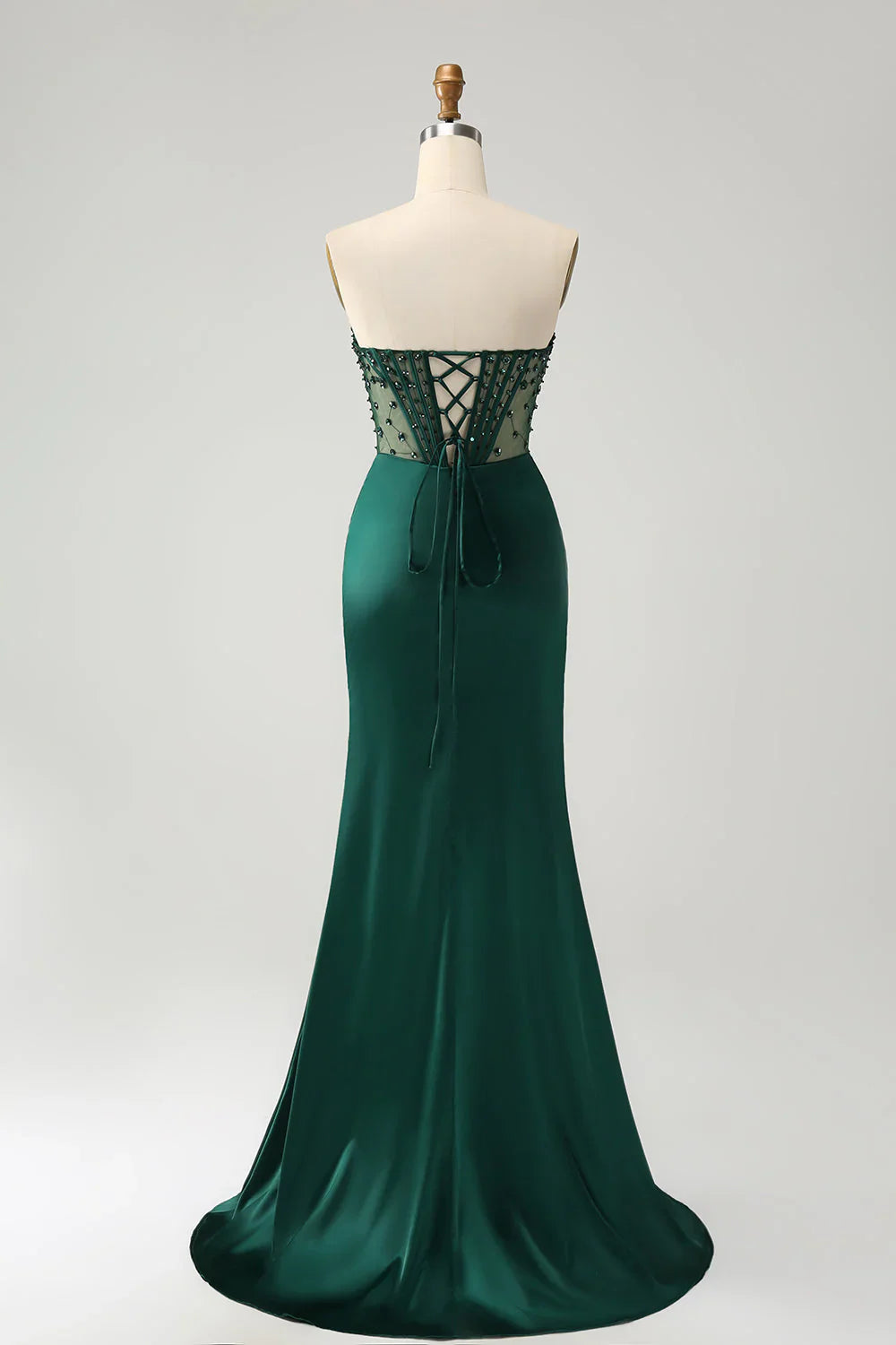 DingJiDress Sparkly Dark Green Mermaid Strapless Beaded Corset Long Prom Dress with Slit