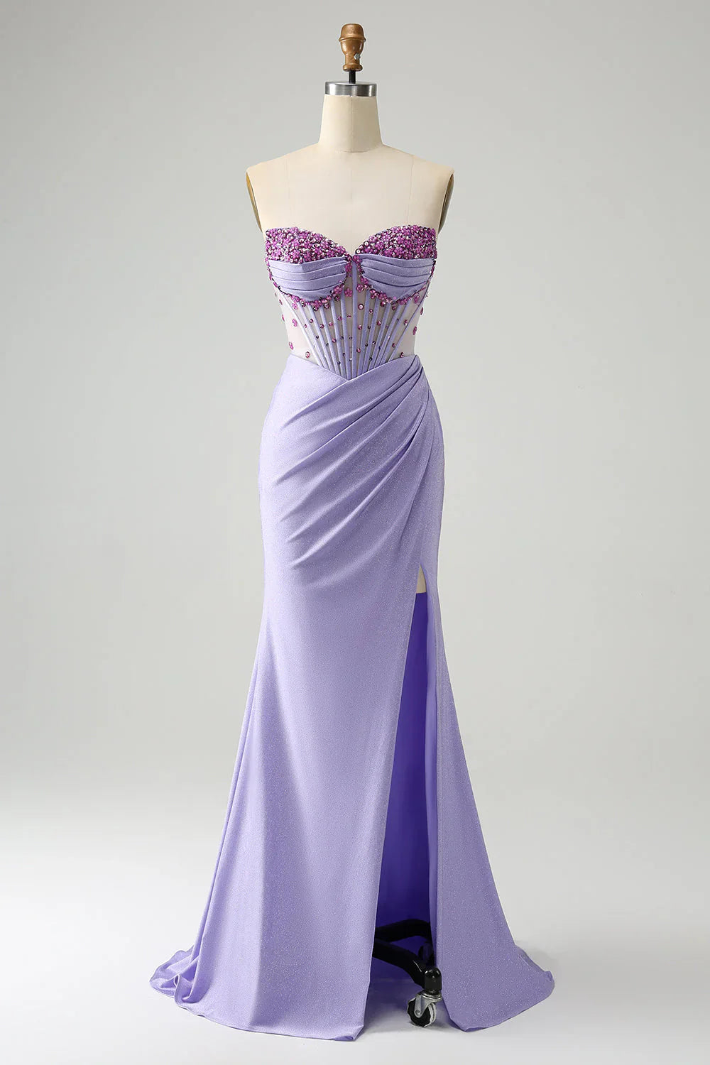 DingJiDress Light Purple Mermaid Evening Dress Strapless Ruched Beaded Corset Prom Dress with Slit