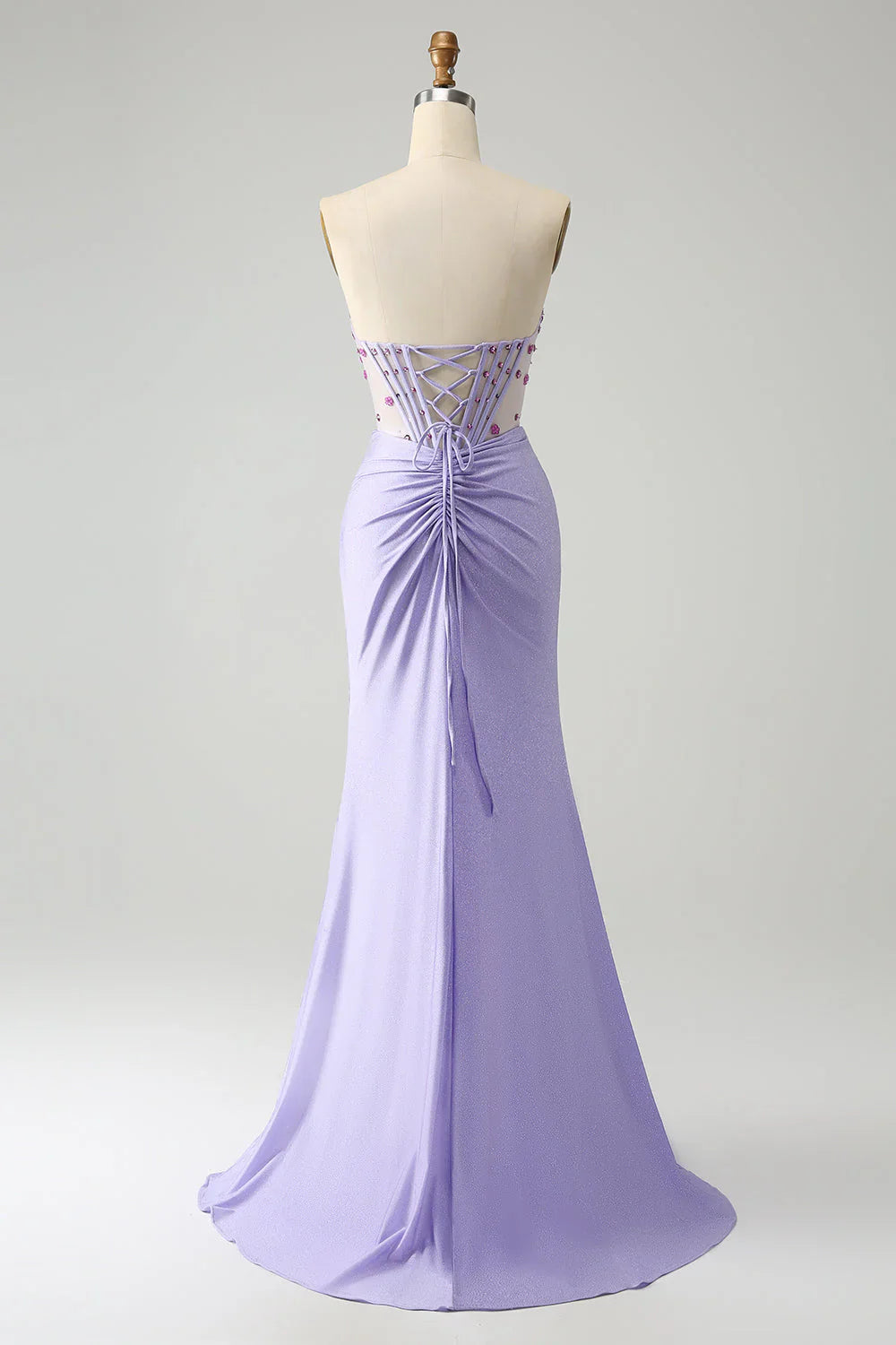 DingJiDress Light Purple Mermaid Evening Dress Strapless Ruched Beaded Corset Prom Dress with Slit