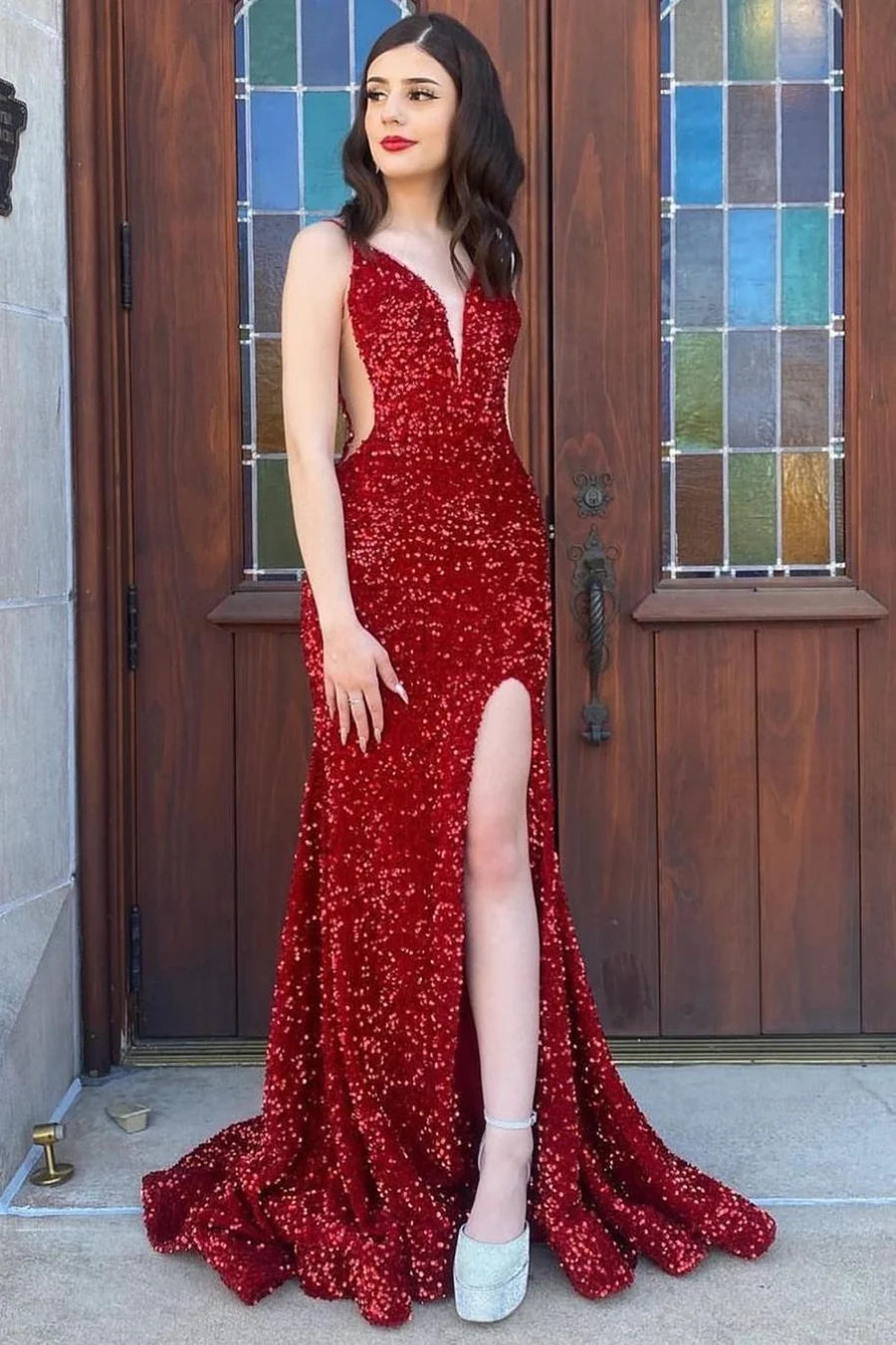 Red glitter transparent mesh mermaid long formal dress with slit