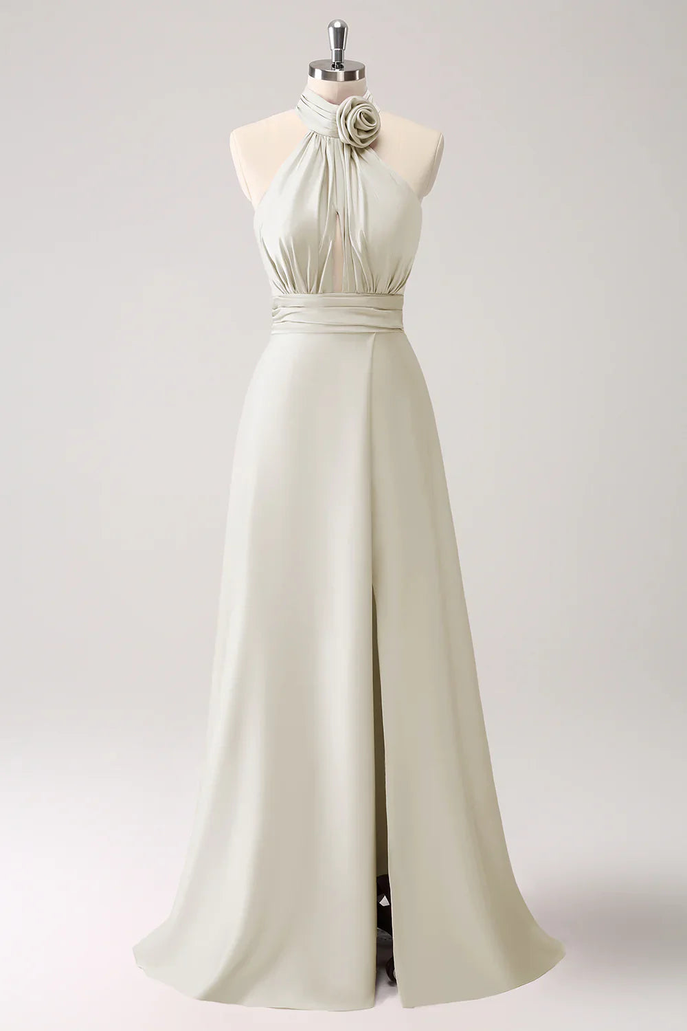 DingJiDress Dark Green Mermaid Halter Pleated Floral Satin Backless Long Prom Dress with Slit