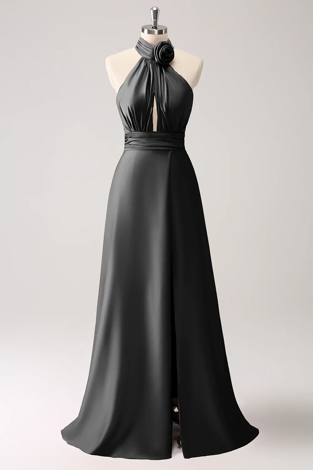 DingJiDress Dark Green Mermaid Halter Pleated Floral Satin Backless Long Prom Dress with Slit