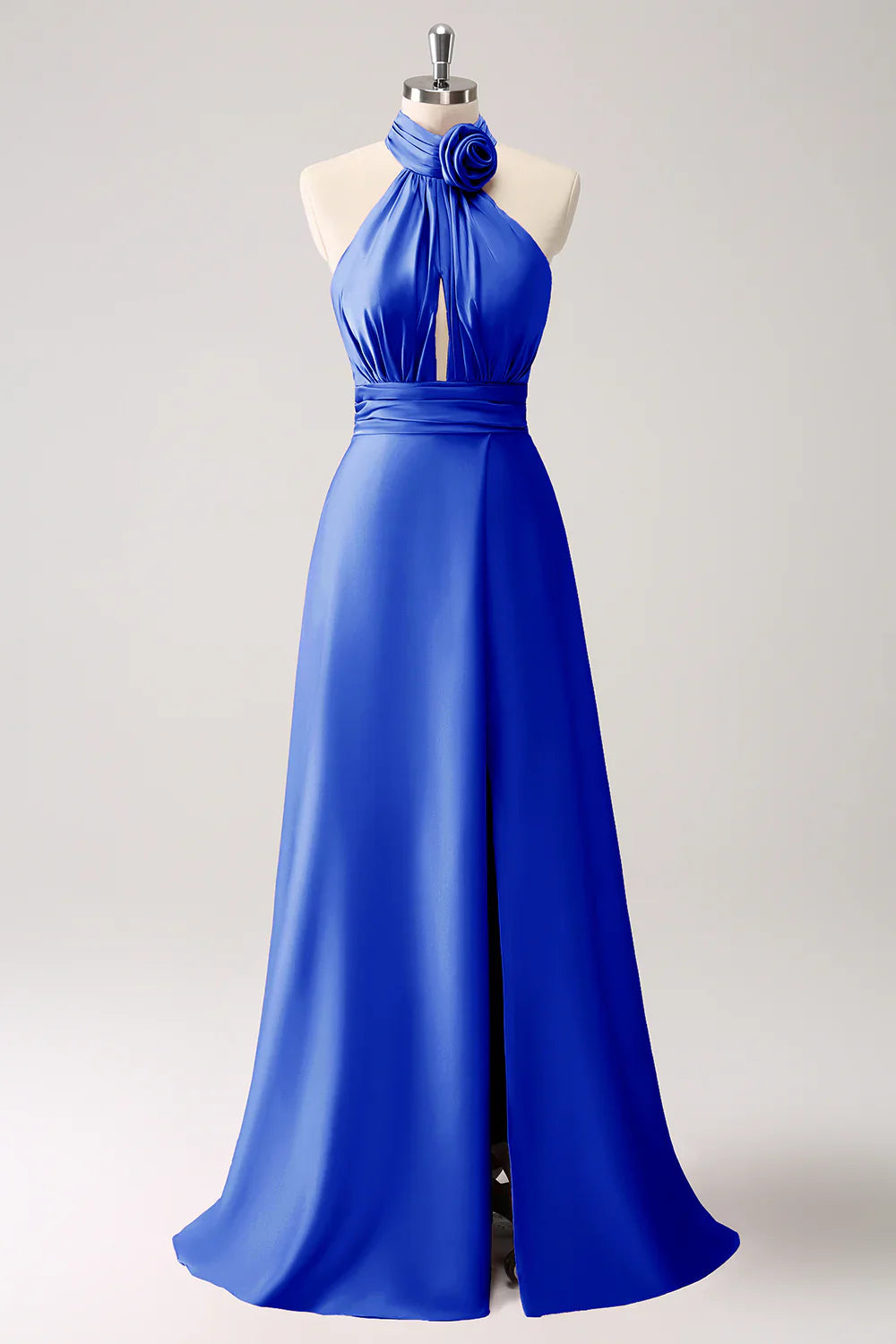 DingJiDress Dark Green Mermaid Halter Pleated Floral Satin Backless Long Prom Dress with Slit