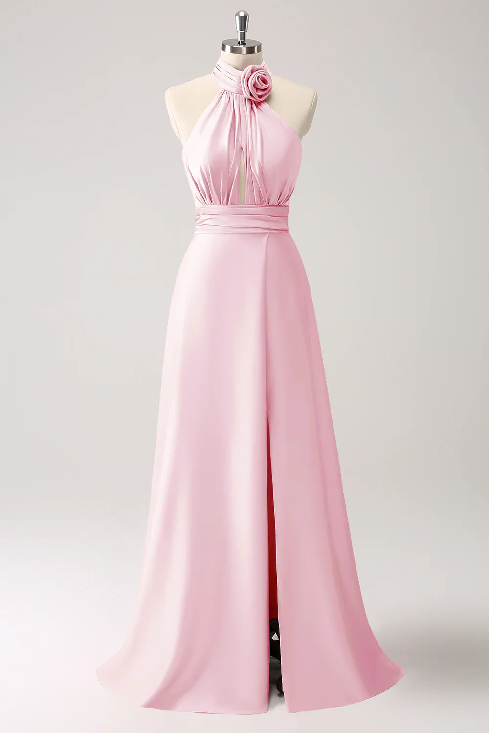 DingJiDress Dark Green Mermaid Halter Pleated Floral Satin Backless Long Prom Dress with Slit