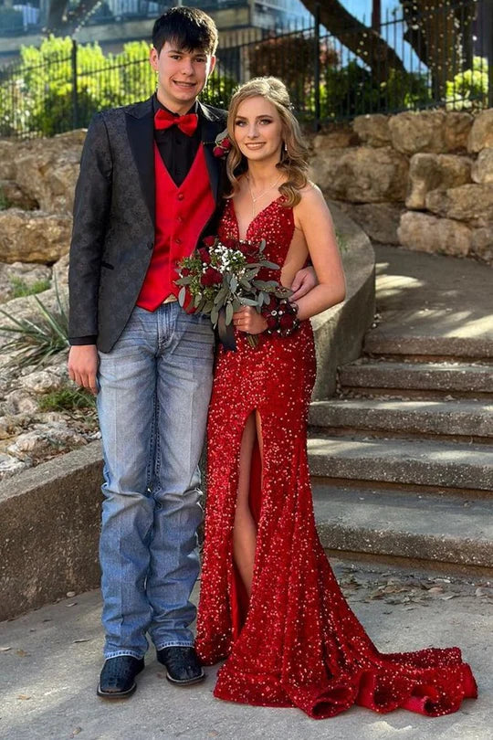 Red glitter transparent mesh mermaid long formal dress with slit