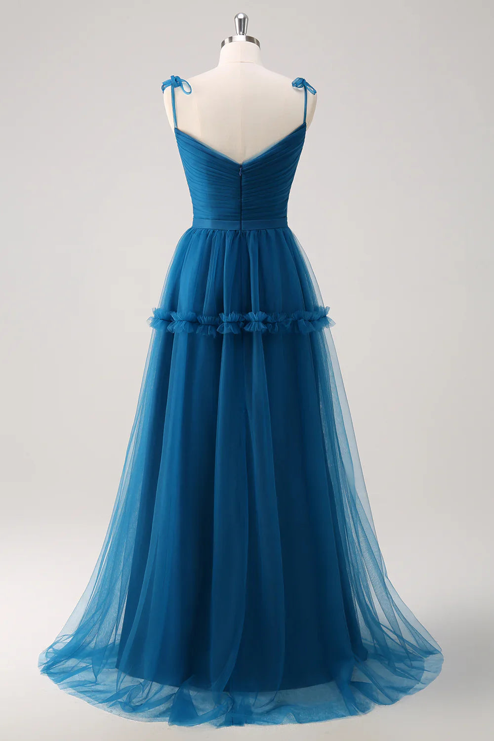 DingJiDress Dark Blue A Line Long Bridesmaid Dress Spaghetti Straps Tulle Ruched