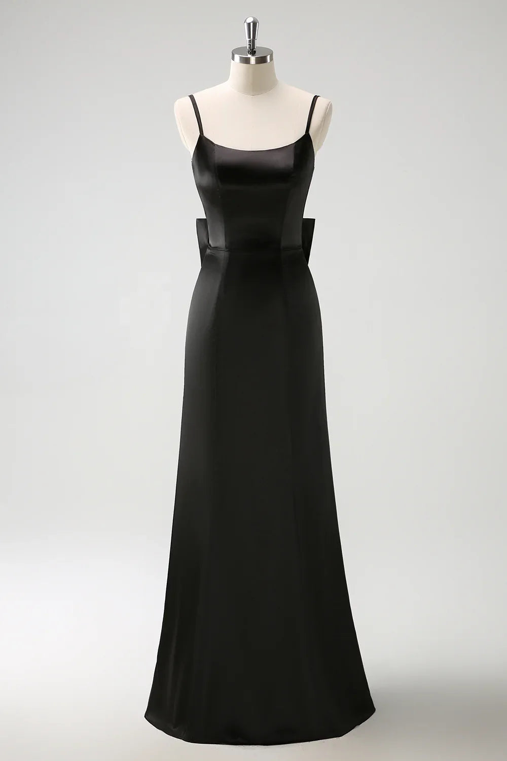 DingJiDress Black Mermaid Bridesmaid Dress Spaghetti Straps Long Ruffle Satin with Bow
