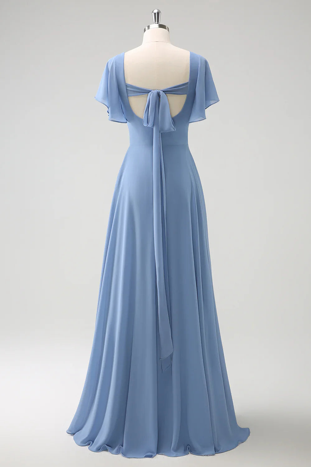 DingJiDress Grey Blue Bridesmaid Dress A Line Chiffon Ruffle Ruched Floor Length with Lace Up Back