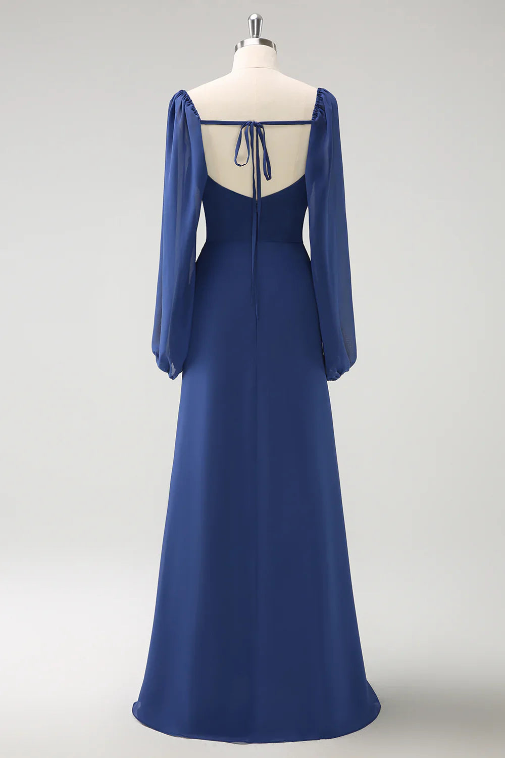 DingJiDress Dark Blue Mermaid Bridesmaid Dress Square Neck Pleated Long Sleeves Corset Chiffon with Slit