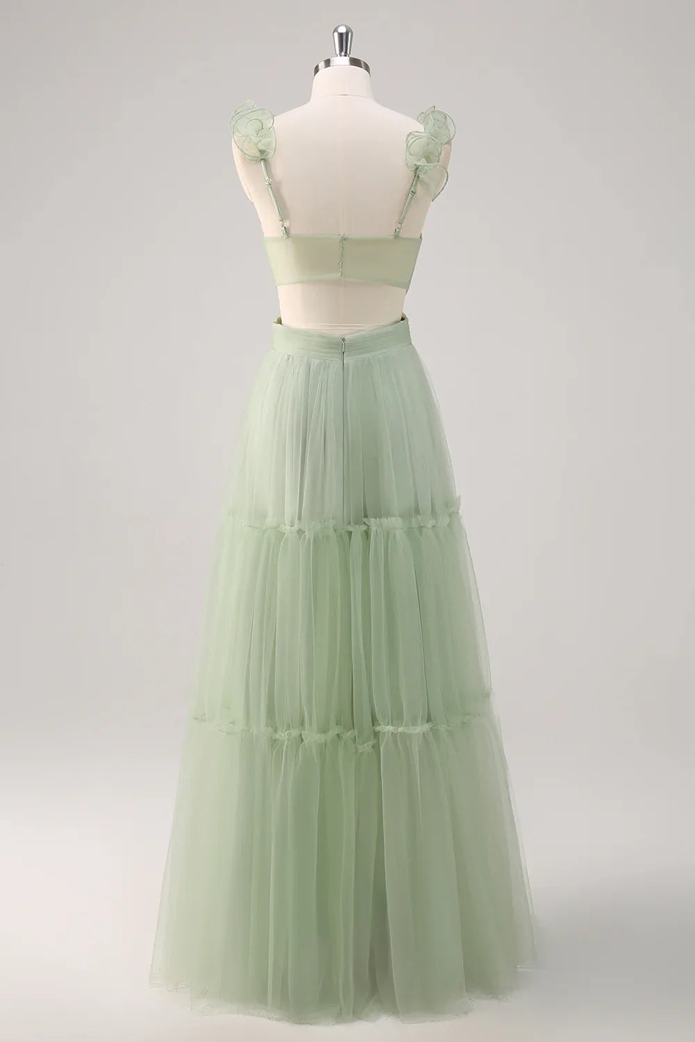 DingJiDress Elegant Dusty Sage A Line Long Bridesmaid Dress V Neck Ruched Hollow Out with Open Back