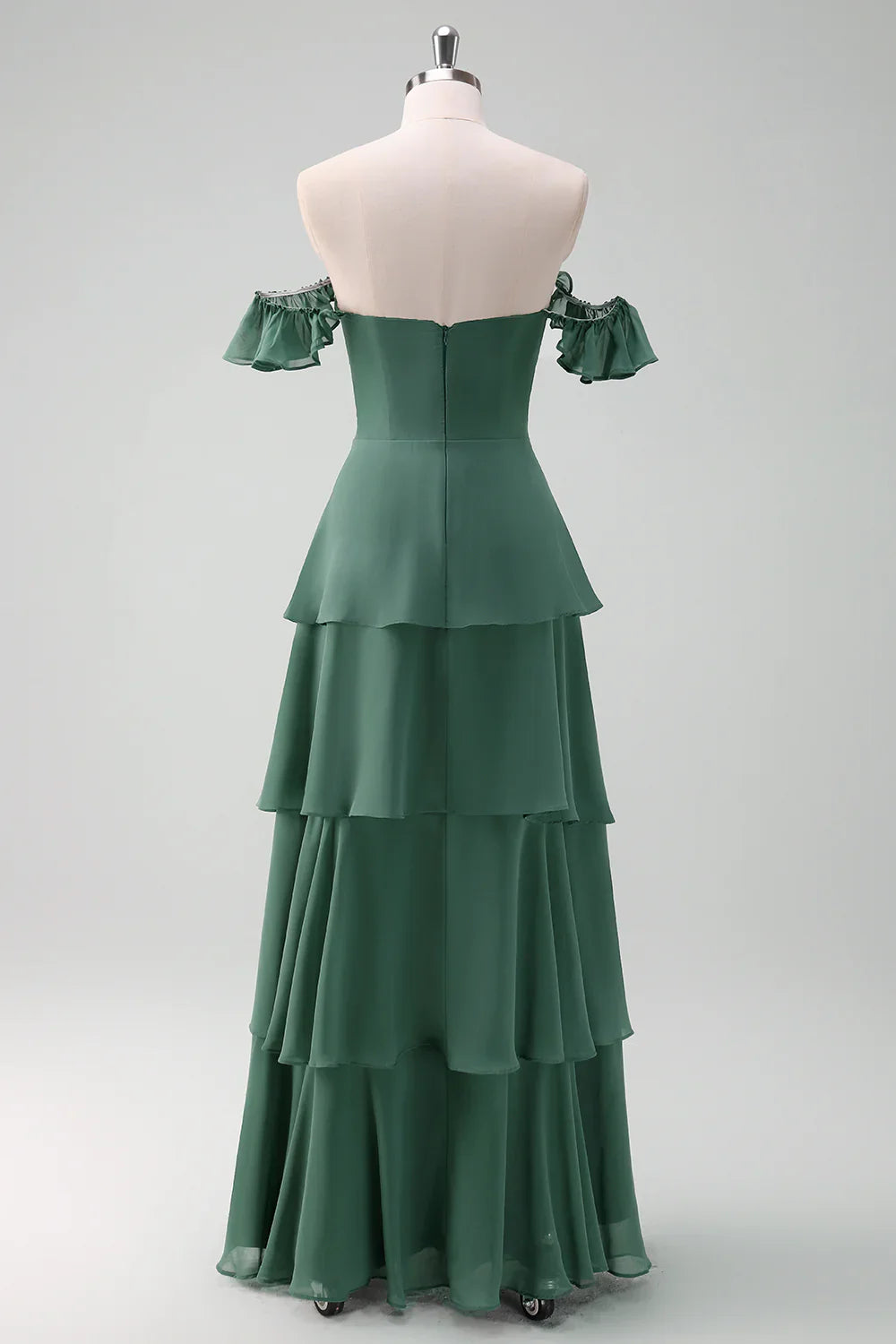 DingJiDress Eucalyptus A Line Evening Dress Off The Shoulder Tiered Long Bridesmaid Dress with Ruffles