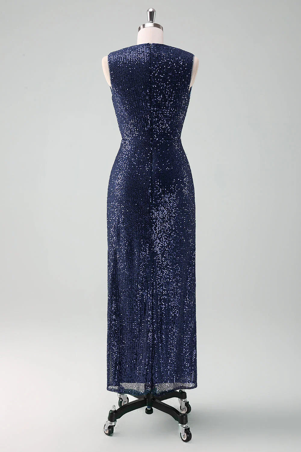 DingJiDress Sparkly Navy Sheath Bridesmaid Dress V-Neck Sequins Sleeveless Mother Of Bride Dress With Slit