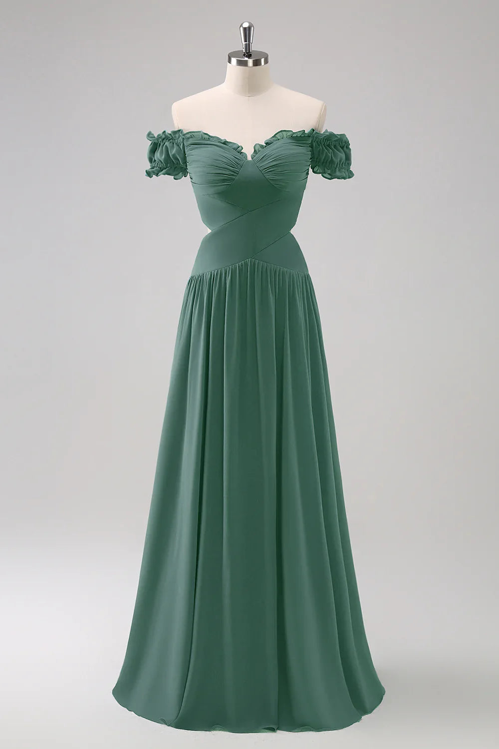 DingJiDress Elegant Eucalyptus A Line Bridesmaid Dress Off The Shoulder Chiffon Floor Length