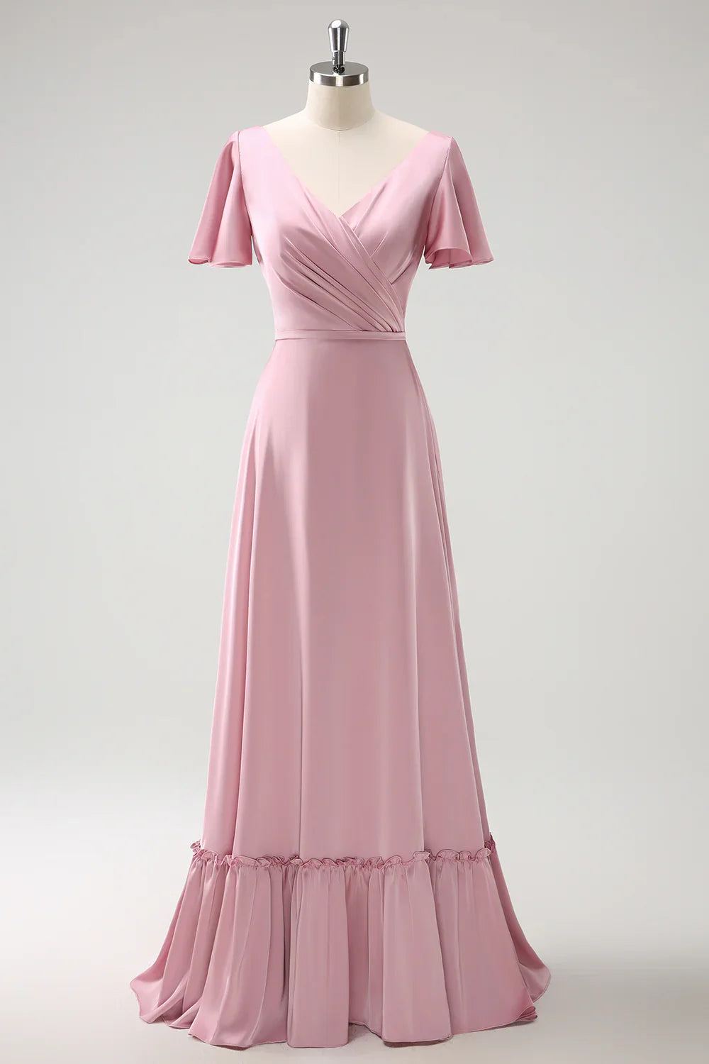DingJiDress Blush Pink A Line Long Satin Bridesmaid Dress V Neck Ruffle Pleated
