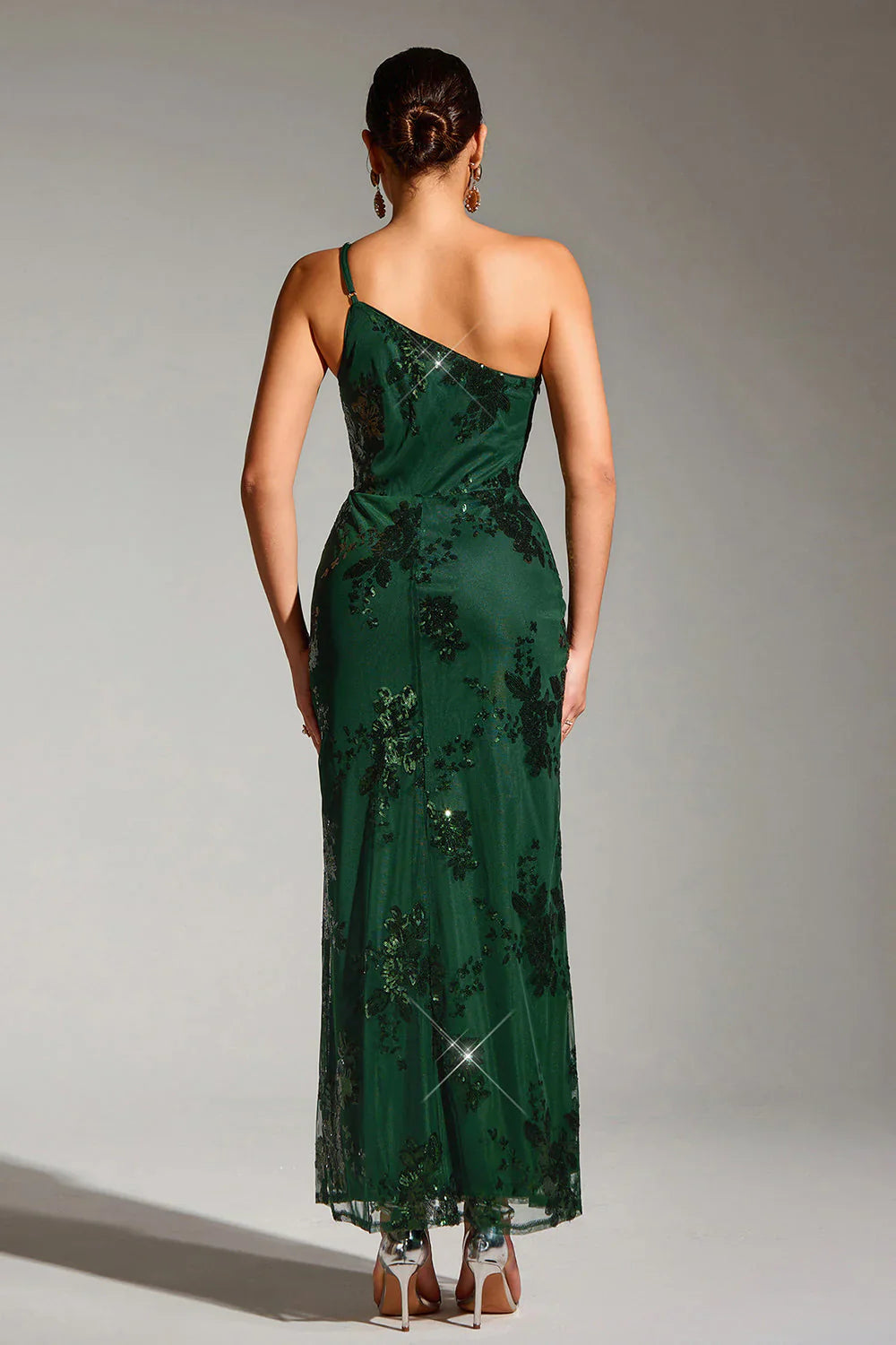 DingJiDress Elegant Bridesmaid Dresses Sparkly Dark Green One Shoulder Mermaid Sequin Long Party Dress with Slit