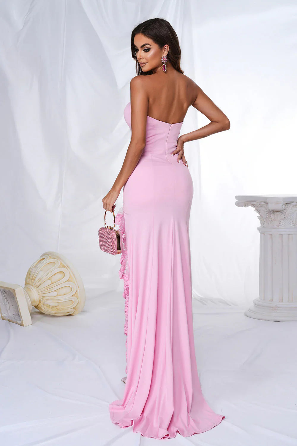 DingJiDress Pink Mermaid Evening Dress Strapless Ruffles Long Prom Dress with Slit