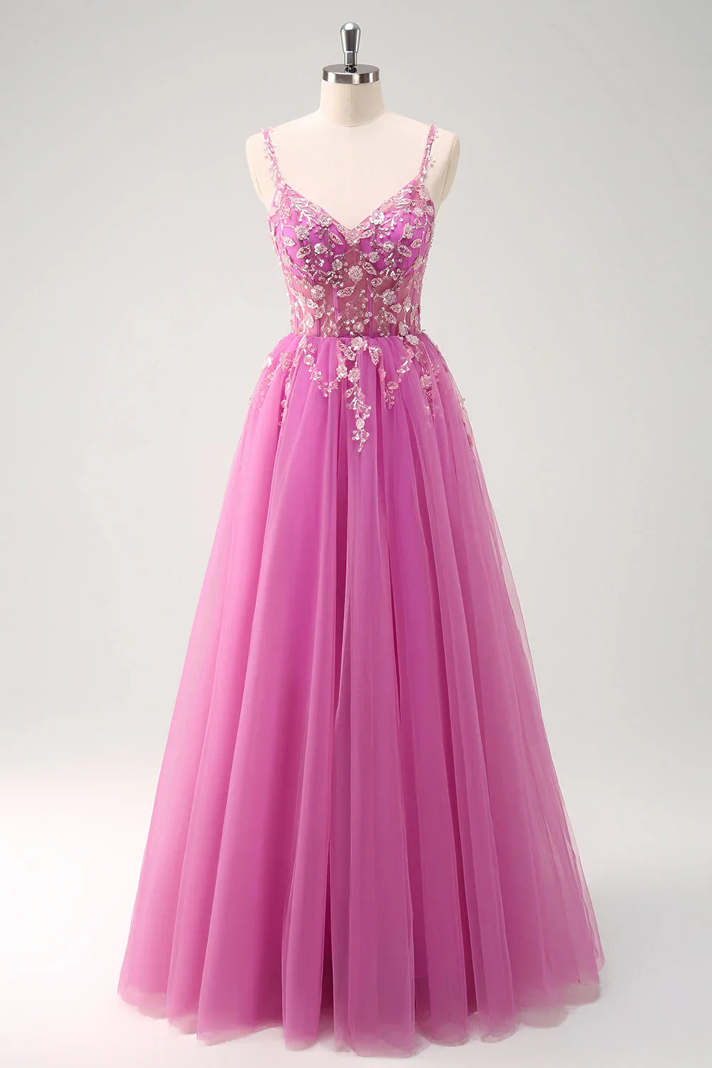 DingJiDress Sparkly Green A Line Bridesmaid Dresses Spaghetti Straps Tulle Corset Long Prom Dress with Appliques