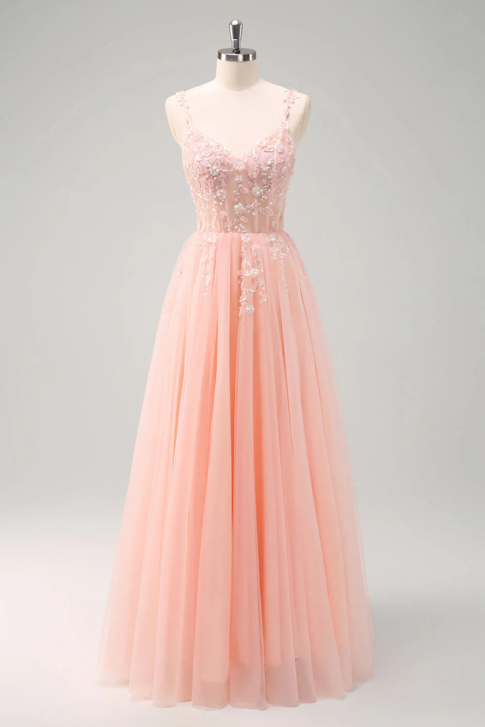DingJiDress Sparkly Green A Line Bridesmaid Dresses Spaghetti Straps Tulle Corset Long Prom Dress with Appliques