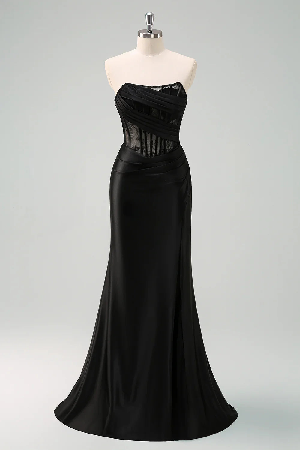 DingJiDress Black Mermaid Bridesmaid Dress Strapless Ruched Corset Long Prom Dress with Lace Up Back