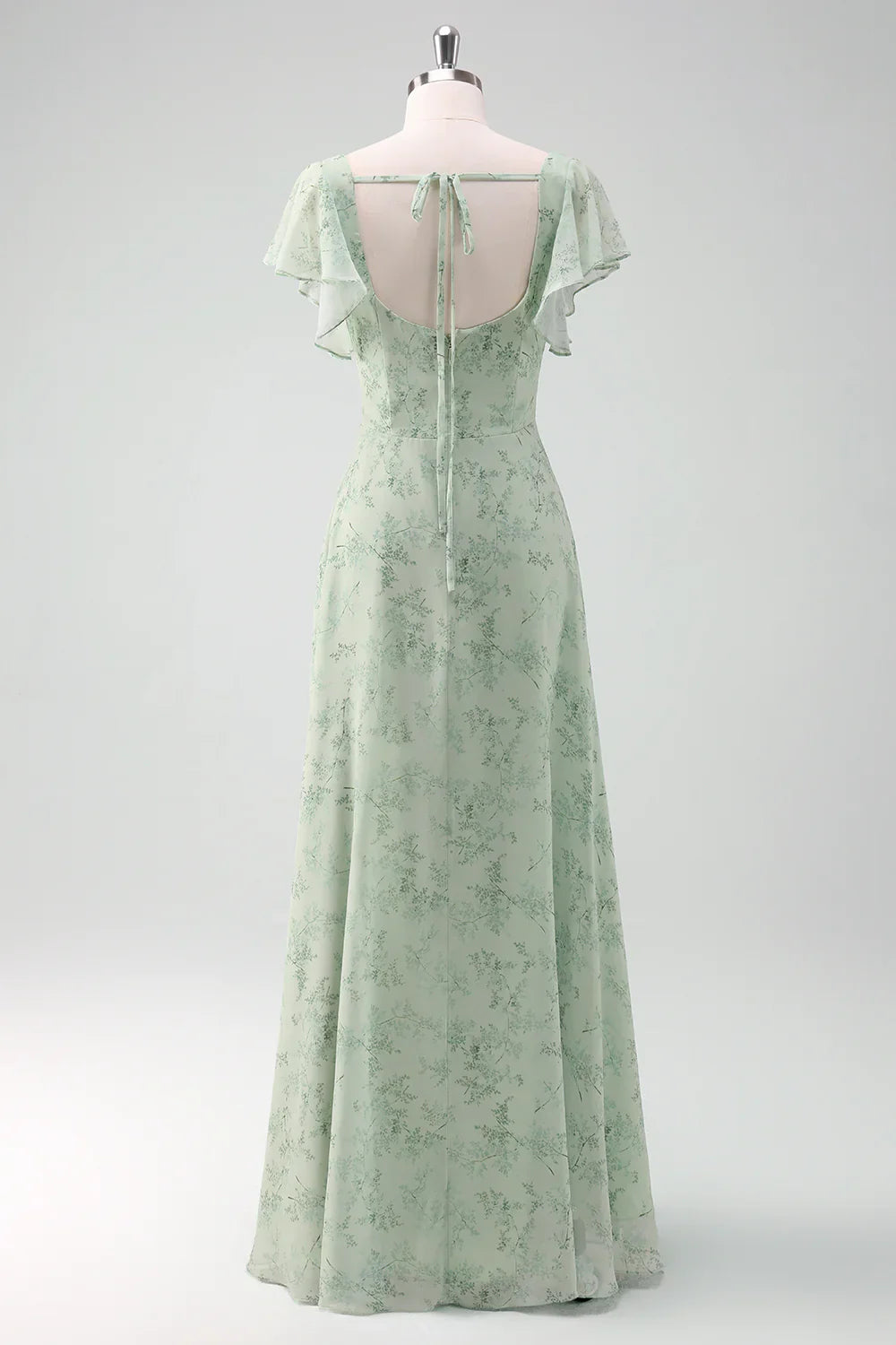 DingJiDress Dusty Sage A-Line Square Evening Dress Neck Floor Length Print Prom Dresses with Slit