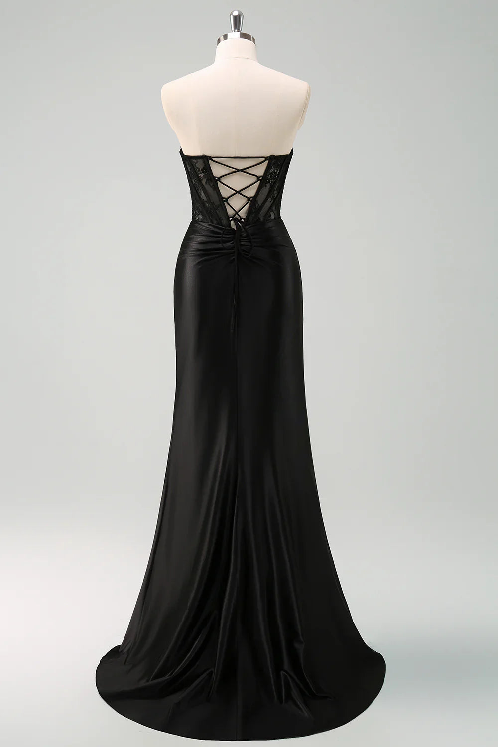DingJiDress Black Mermaid Bridesmaid Dress Strapless Ruched Corset Long Prom Dress with Lace Up Back
