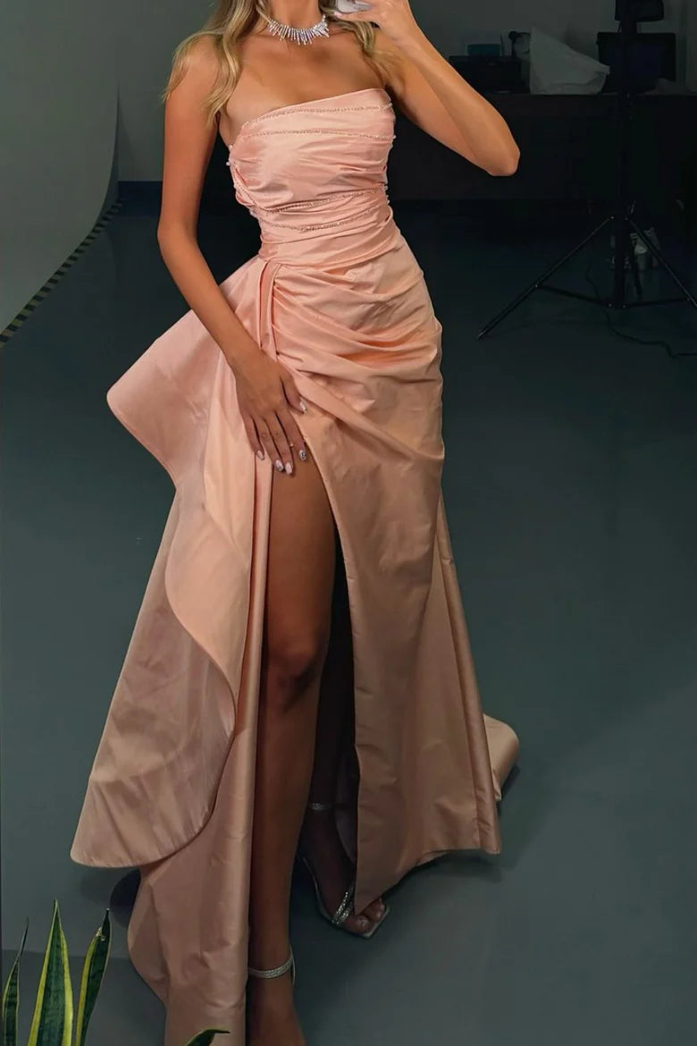 Romantic A-Line Strapless  Sleeveless Lace Up Floor-Length Empire-Waist Pleated High Slit Long Prom Dress