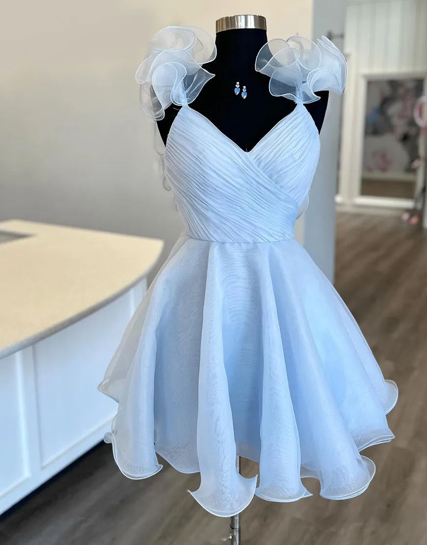 Light blue short A-line pleated chiffon party dress