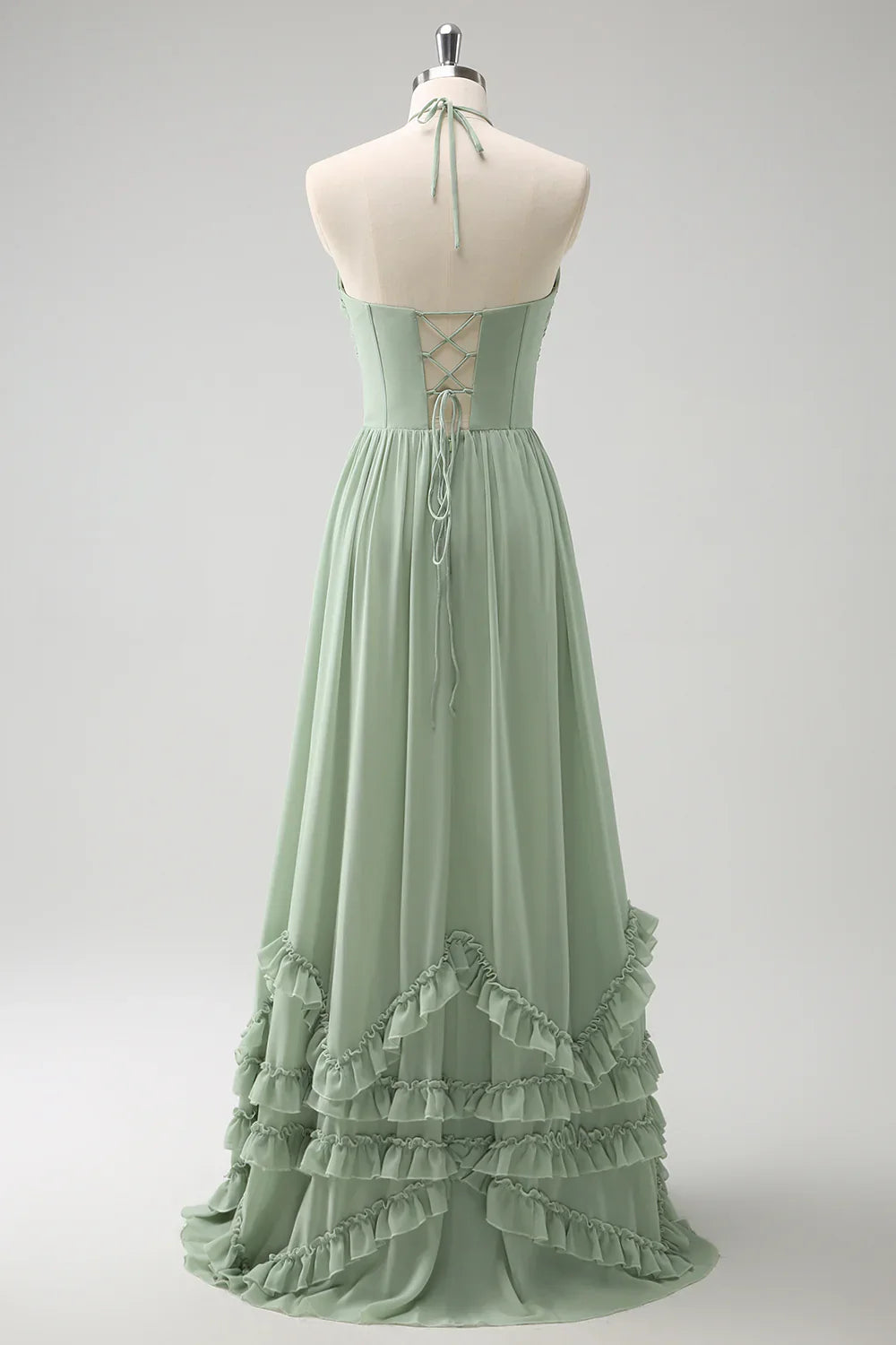 DingJiDress Long Bridesmaid Dress Dusty Sage A Line Halter Ruched Chiffon Ruffle with Slit