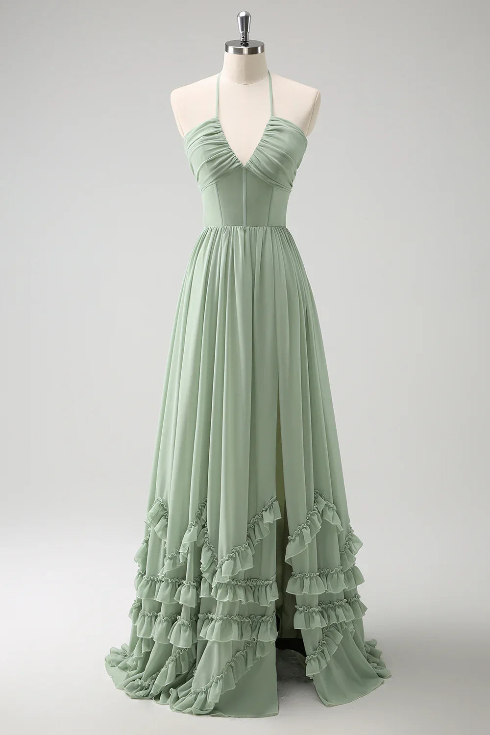 DingJiDress Long Bridesmaid Dress Dusty Sage A Line Halter Ruched Chiffon Ruffle with Slit
