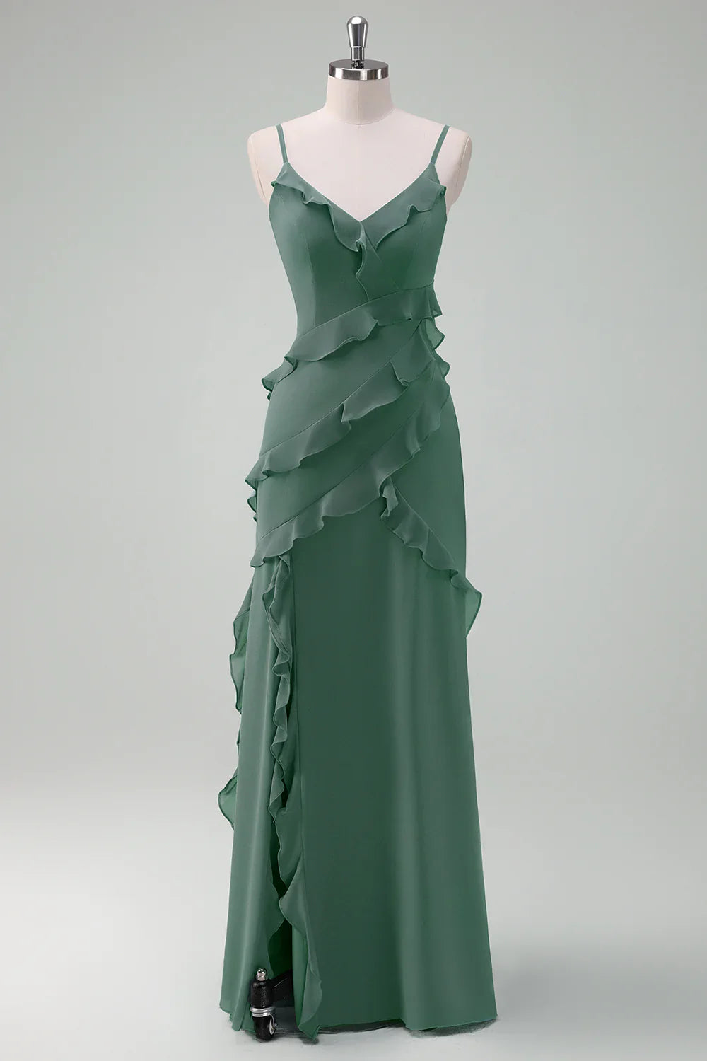 DingJiDress Eucalyptus Sheath Spaghetti Straps Long Ruffle Bridesmaid Dress with Slit
