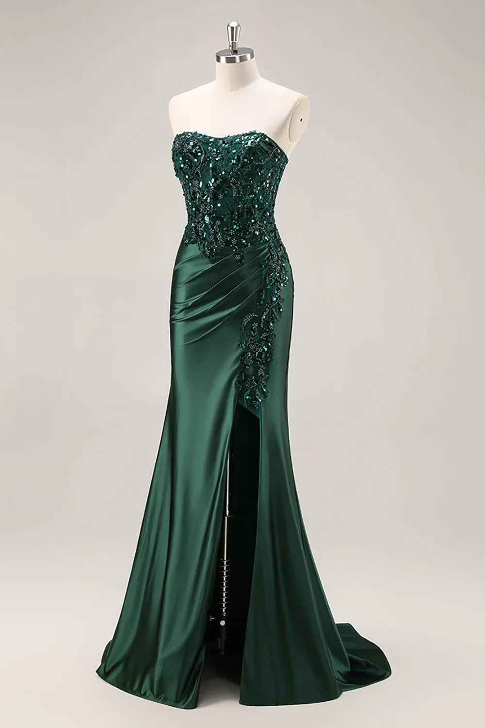 Sparkly Dark Green Mermaid Floral Beaded Corset Long Prom Dress with Slit