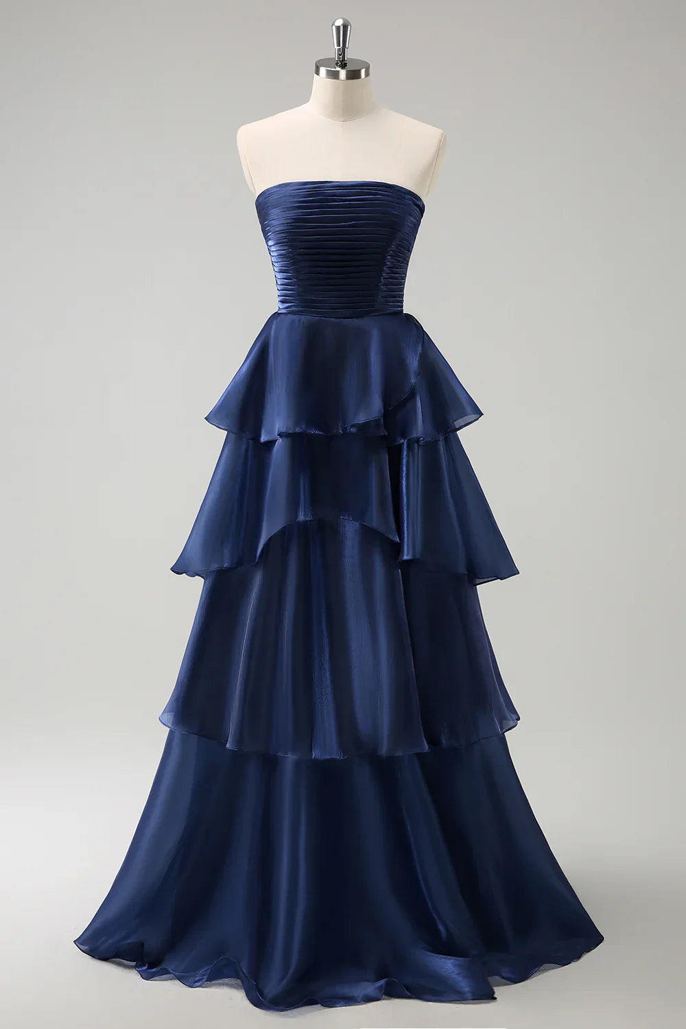 DingJiDress Dark Navy A Line Prom Dresses Strapless Pleated Tiered Floor Length Ruffle