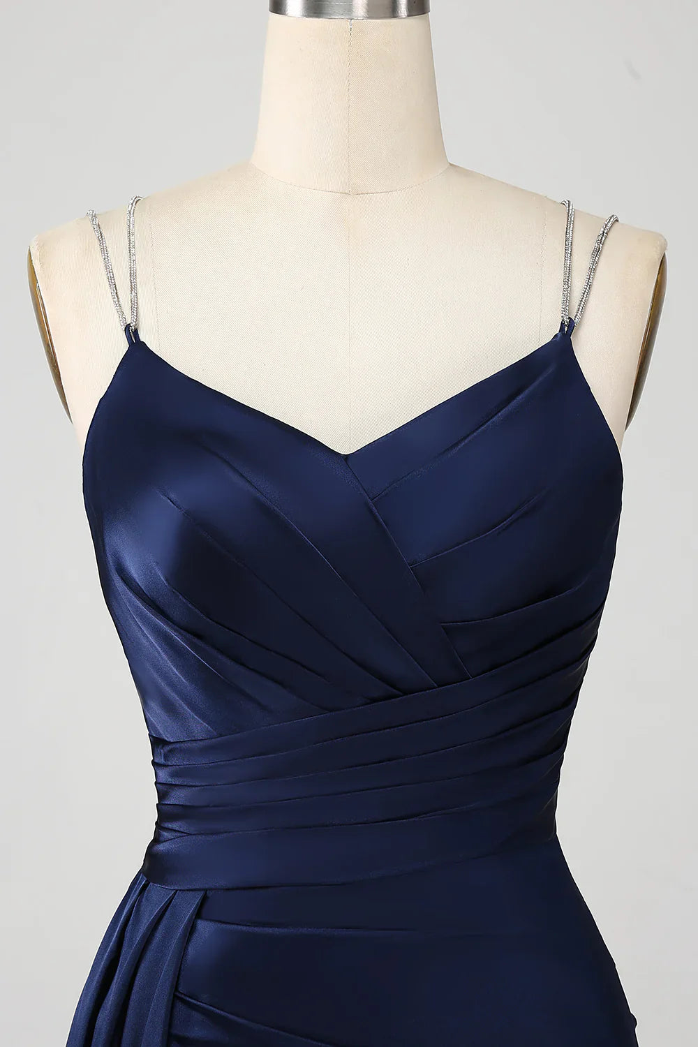 DingJiDress Navy Mermaid Spaghetti Straps Pleated Corset Long Prom Dress With Slit