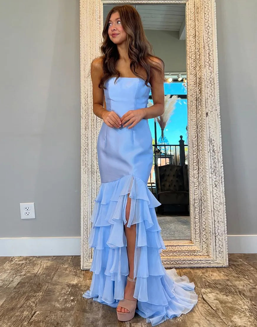 Blue mermaid strapless lotus leaf side length split party dress
