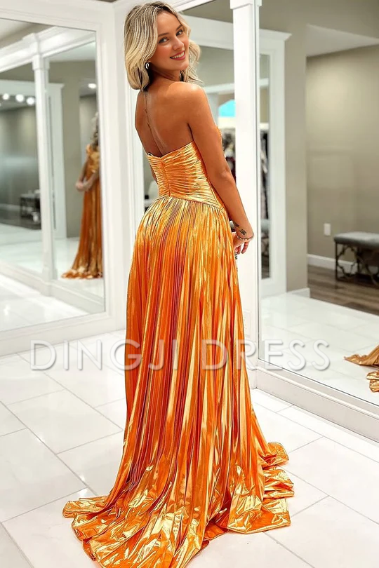 DingJiDress Cute A Line Sweetheart Strapless Pleat Satin Long with Slit Exquisite Prom Dress