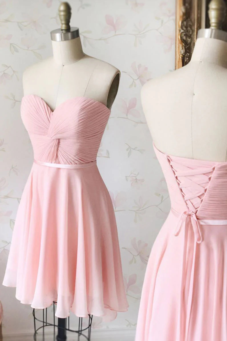 Simple sweetheart neck chiffon pink short prom dress pink bridesmaid dress
