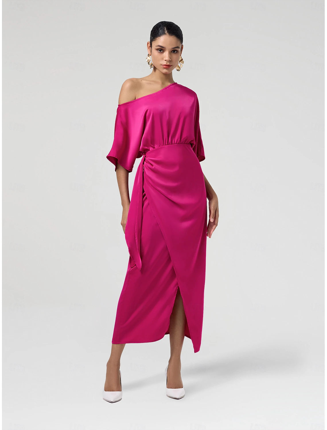 Satin Knotted Wrap Drop Shoulder Maxi Dress